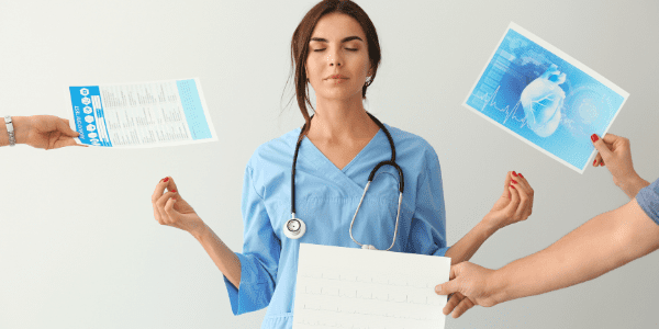 Nurse with three arms handing her nursing paperwork